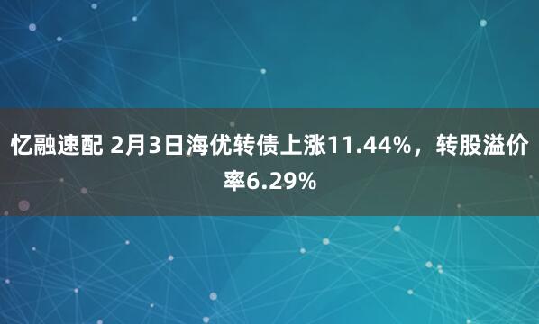 忆融速配 2月3日海优转债上涨11.44%，转股溢价率6.29%